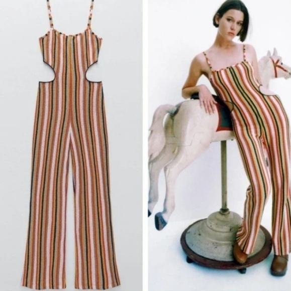 Zara Crochet Terrycloth Vertical Striped Cutout Blogger Fave Jumpsuit New Large - Picture 3 of 16